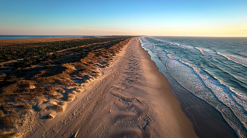 Aerial view of coastline and sand dunes of Ocracoke Island, North Carolina