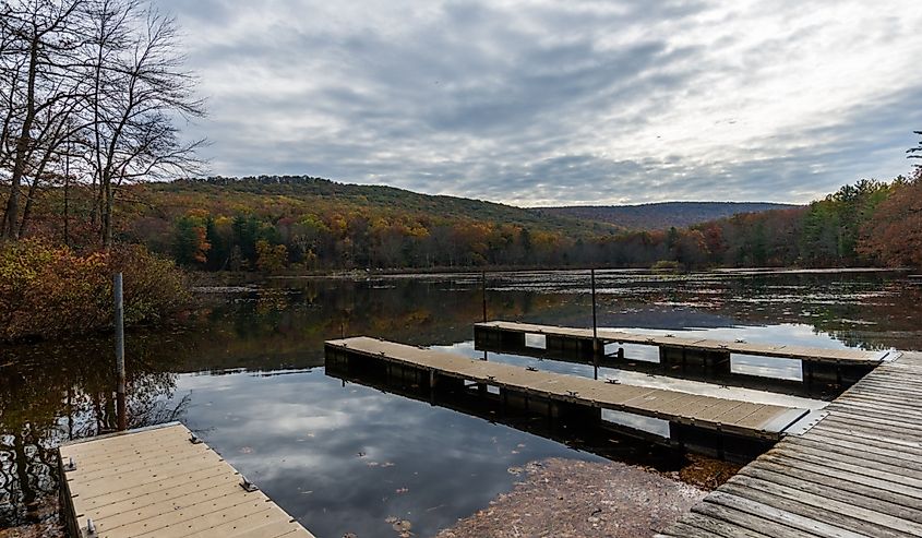 Laurel Lake Recreational Area in Pine Grove Furnace State Park in Pennsylvania during fall..