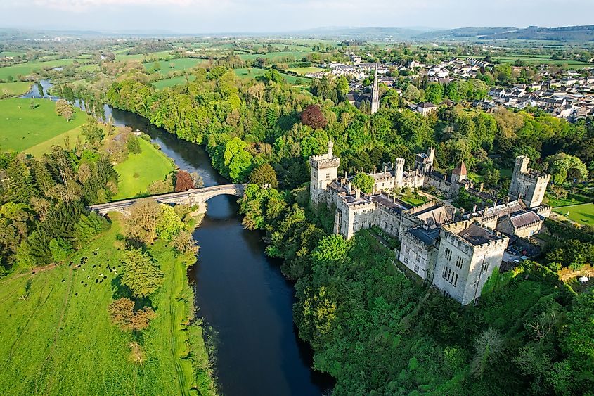Aerial view of the lush landscape surrounding Lismore, Ireland.