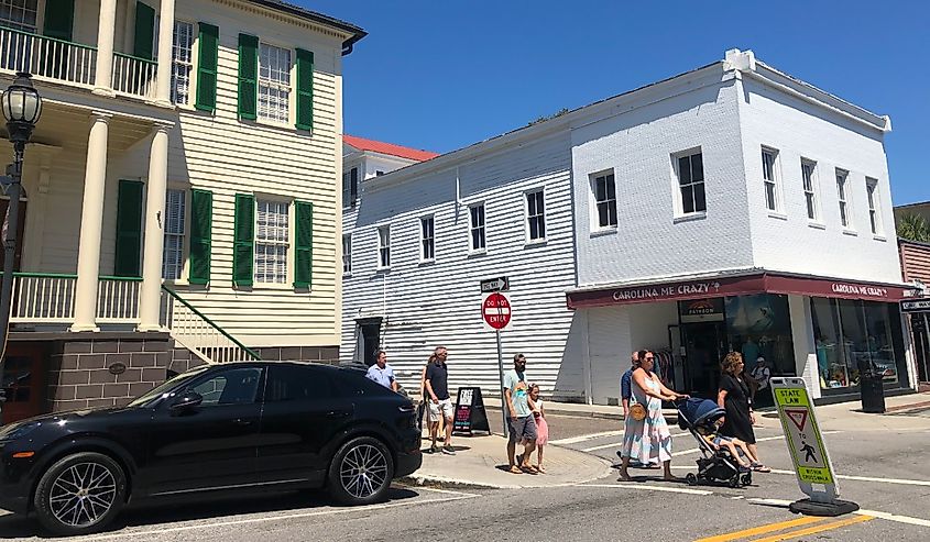 the shops along Bay Street in the historic district, in Beaufort South Carolina.