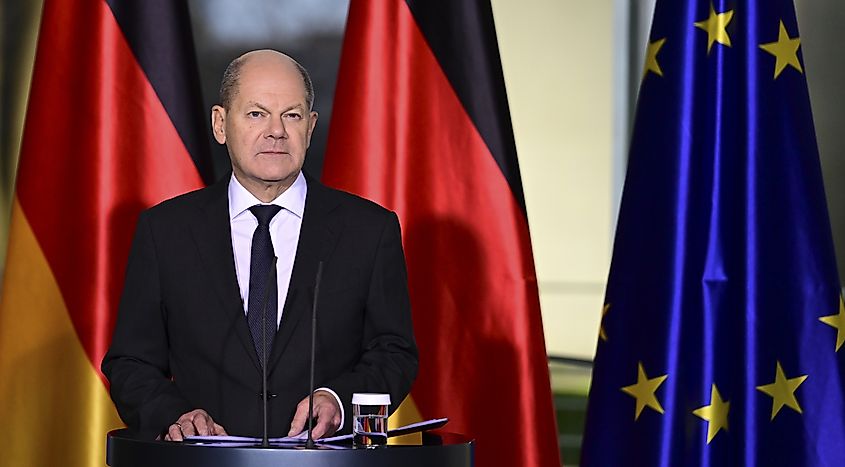 German Chancellor Olaf Scholz answers questions during a press conference in Berlin, Germany.