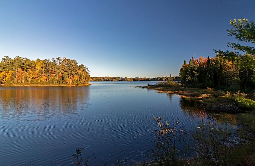 An autumn view of a lake in the Adirondacks.