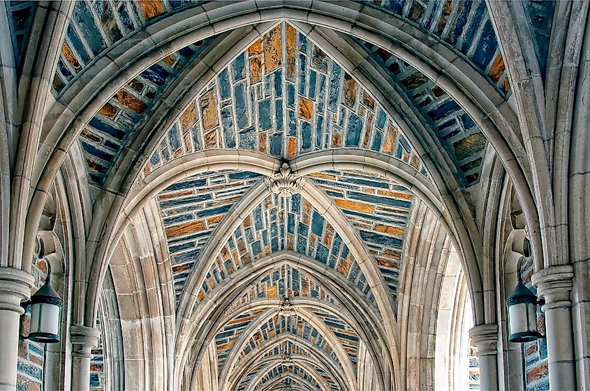 Vaulted stone ceilings of the courtyard archway and Duke University Chapel in Durham North Carolina