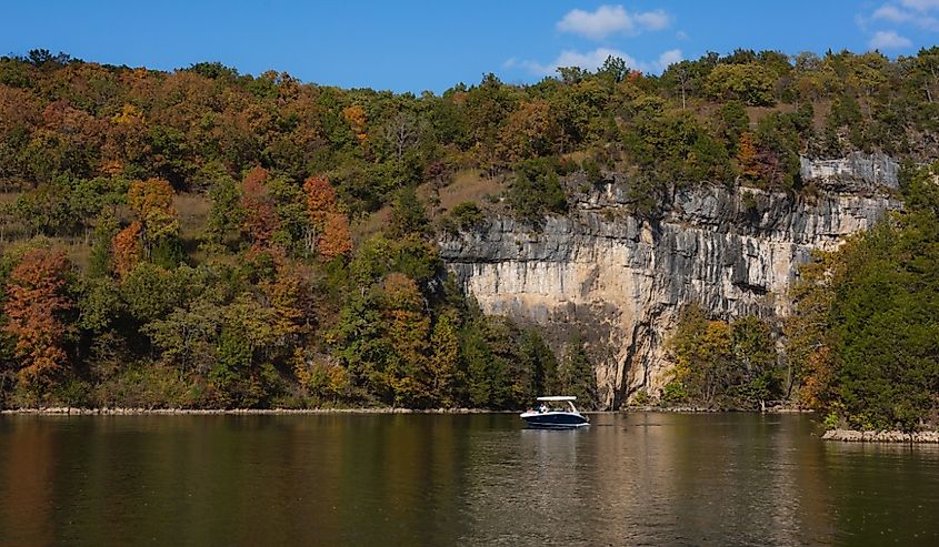 A boat on the Lake of the Ozarks at Ha Ha Tonka State Park.