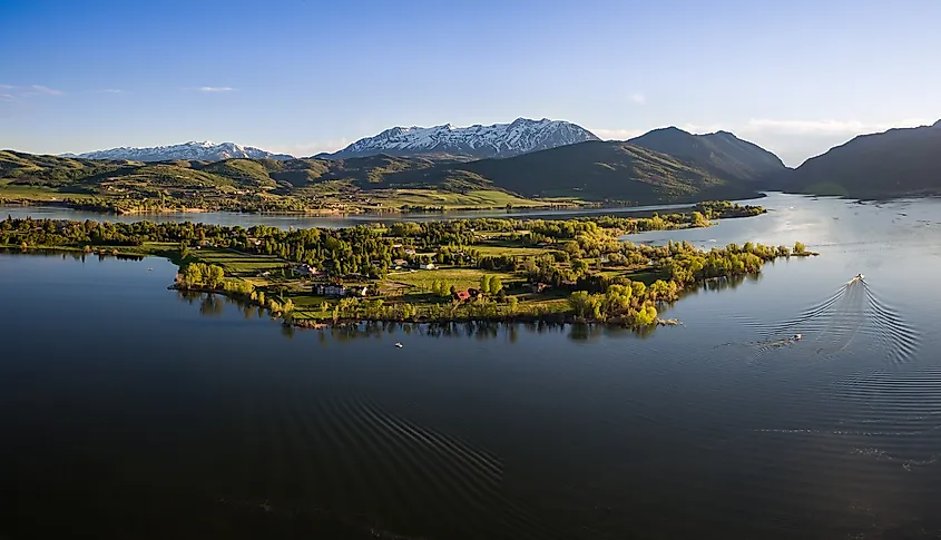 Aerial wide panorama view of Pineview Reservoir in Northern Utah.
