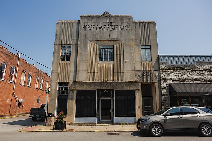 An art deco bank building, downtown Horse Cave. Editorial credit: Logan Bush / Shutterstock.com