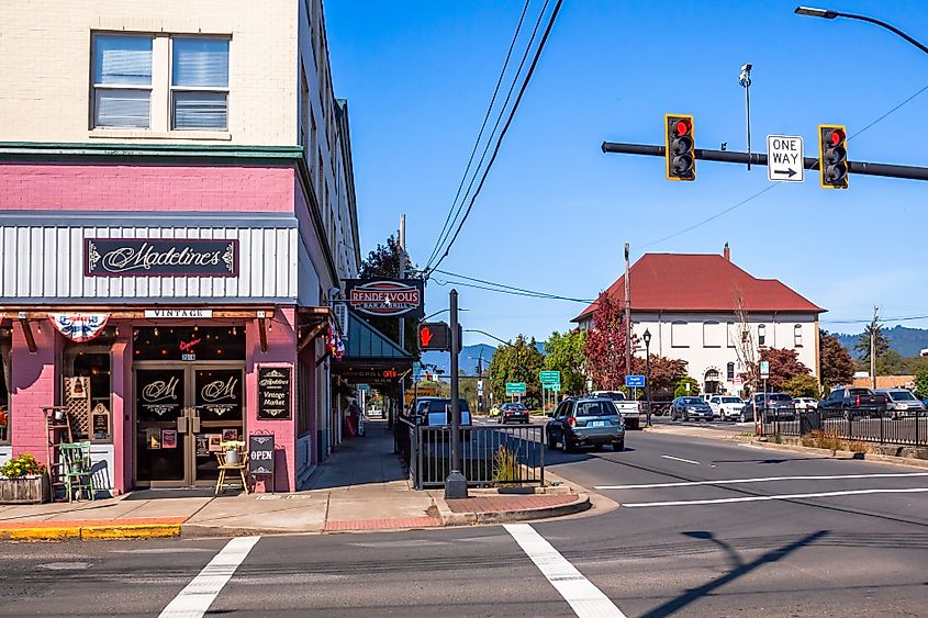 Oregon Coast Highway passing through Tillamook city center, Oregon.