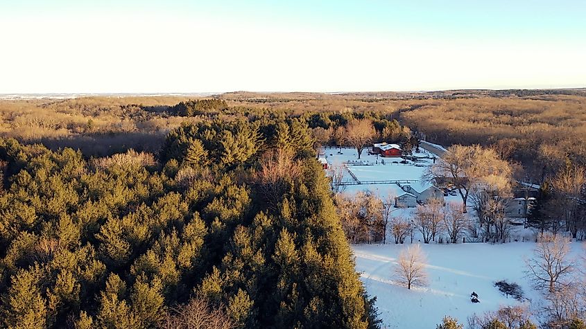Aerial view of Kettle Moraine State forest in Winter, Wisconsin.