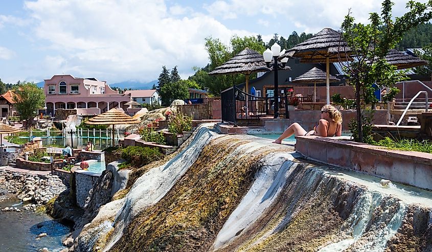 People relaxing in the popular resort the Springs, San Juan River Hot Springs in Pagosa Springs, Colorado.