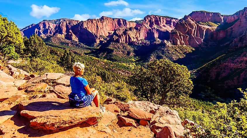 A hiker enjoying the view of Kolob Canyon, Zion National Park.