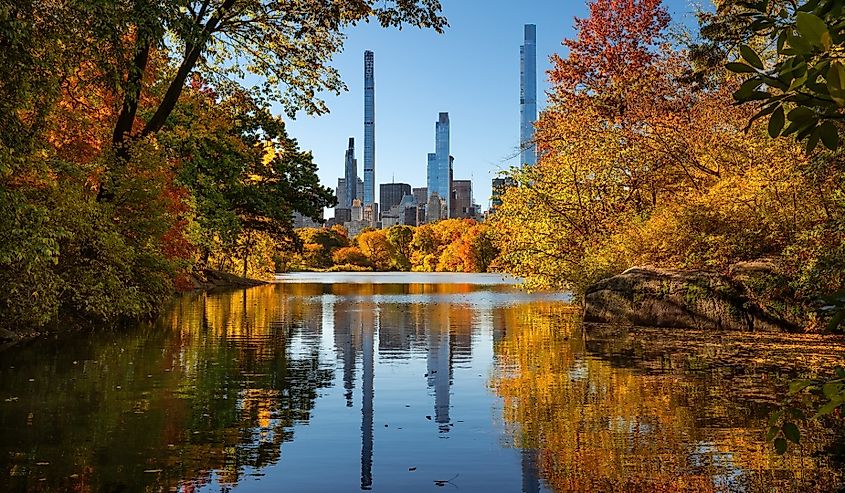 Central Park in Autumn with view of Billionaires' Row skyscrapers from The Lake. Manhattan, New York City.