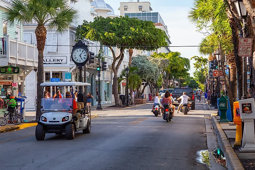 The charming downtown strip of Key West, Florida.