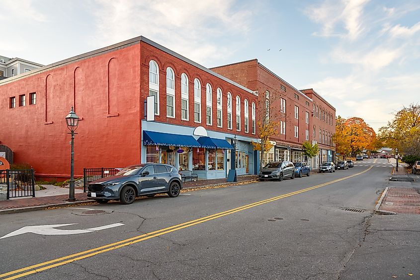 The historic downtown district at dusk in autumn. Bath, ME.