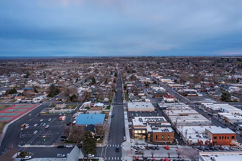 Aerial view of Hermiston, Oregon, at dusk.