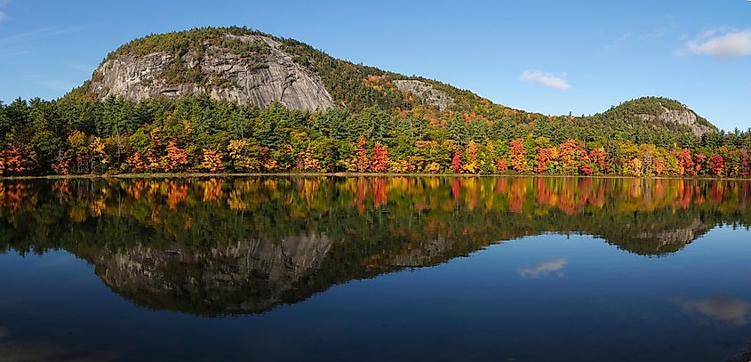 Fall foliage reflecting off Echo Lake in North Conway, New Hampshire.