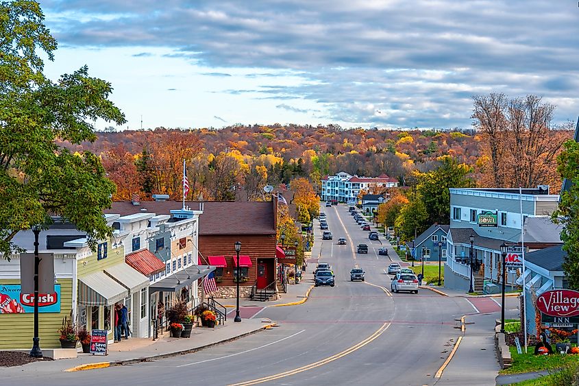 Scenic buildings and foliage lined along a street in Sister Bay, Wisconsin.