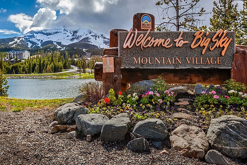 Big Sky, Montana: Welcome sign at Big Sky Mountain Village with Lone Mountain and the Madison Range in the background.