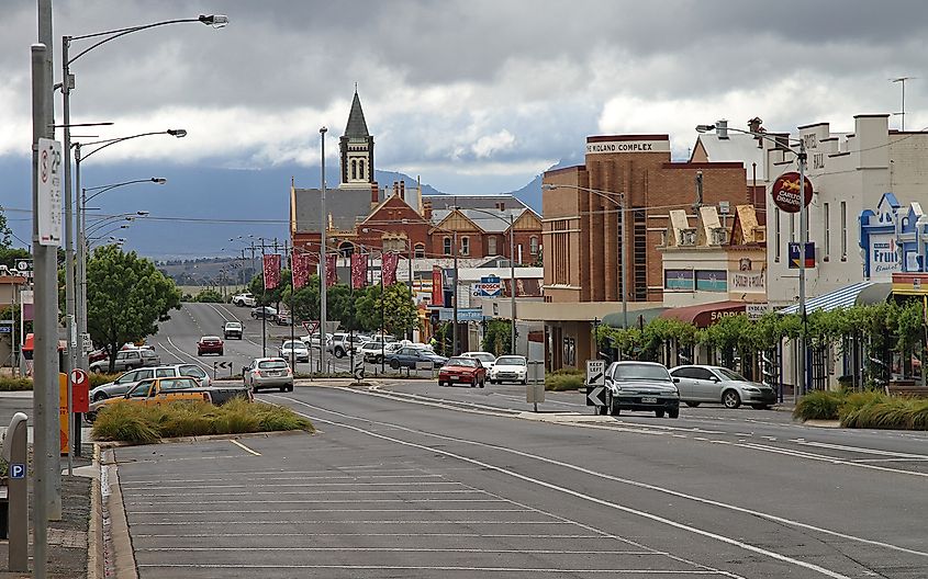 Ararat's main shopping street, Barkly St, from the Town Hall, looking east towards the Astor Theatre, Marian College, and Langi Ghiran State Park. Ararat, Victoria, Australia.