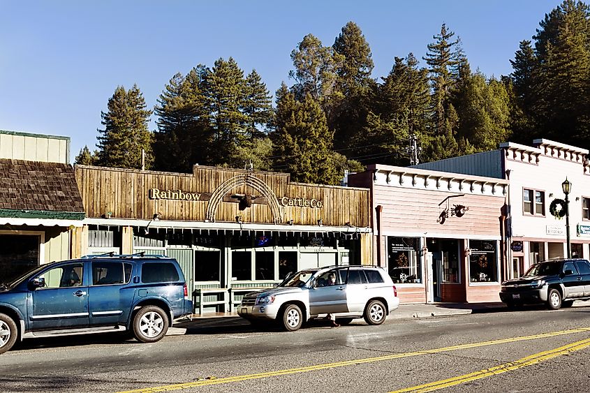 Downtown district of this popular vacation destination on the Russian River in Guerneville, California. . Editorial credit: cdrin / Shutterstock.com