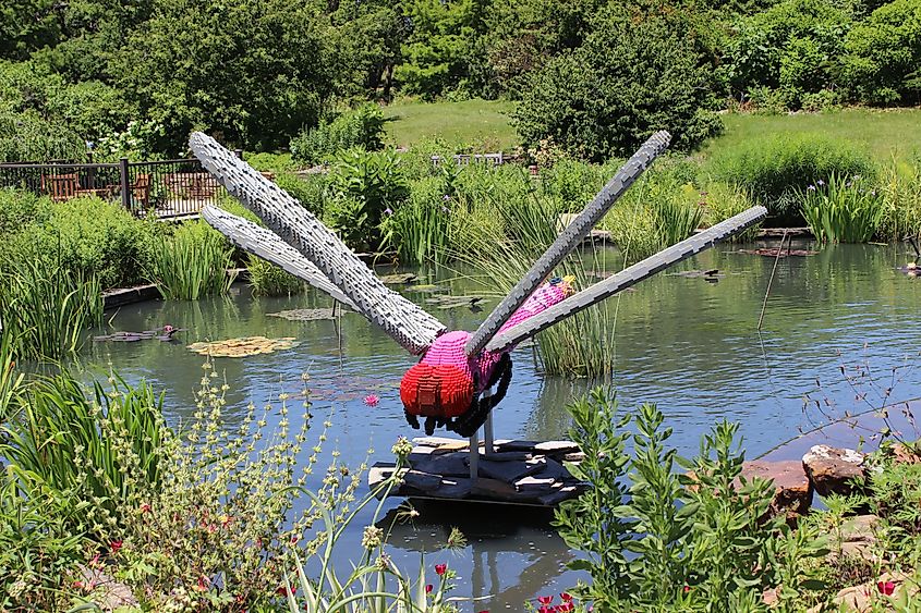 Sculpture of Roseate Skimmer Dragonfly Consisting of 27788 LEGO Bricks at Powell Gardens. Editorial credit: Jon Kraft / Shutterstock.com