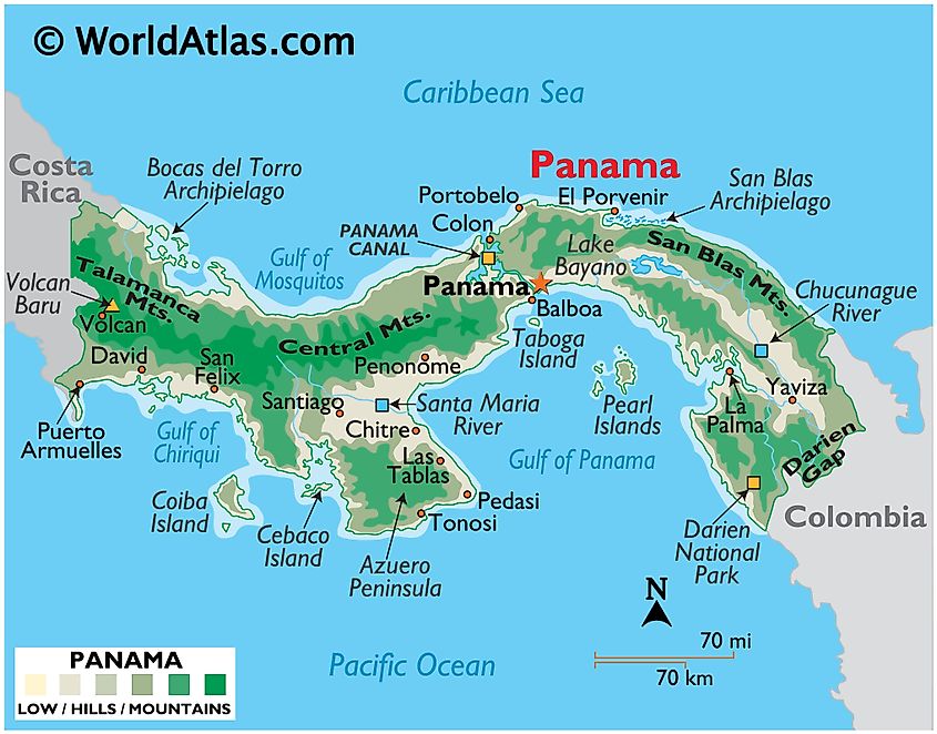 Physical map of Panama showing the Caribbean coast in the north and the Pacific coast in the south, with the Panama Canal cutting through the isthmus.