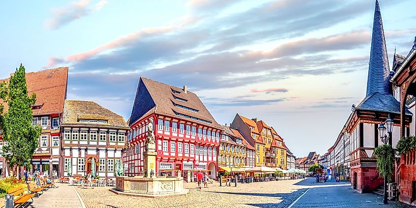 Old town of Einbeck, Germany, with historic half-timbered buildings lining narrow cobblestone streets