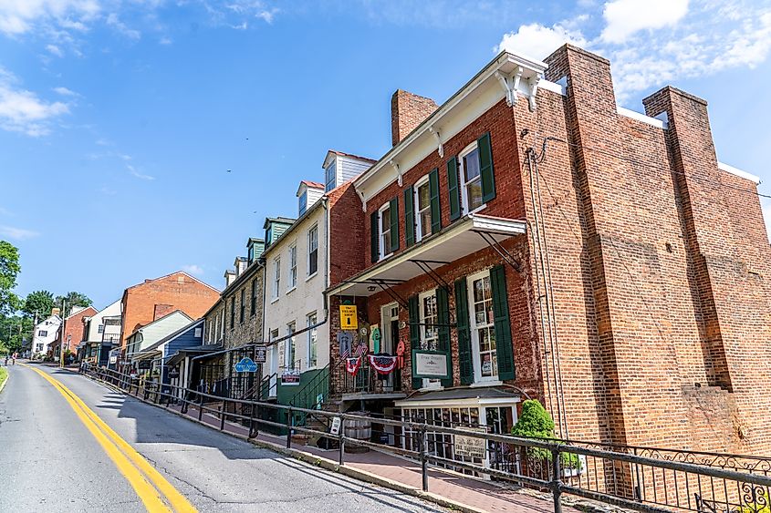 Rustic brick buildings in Harpers Ferry, West Virginia.