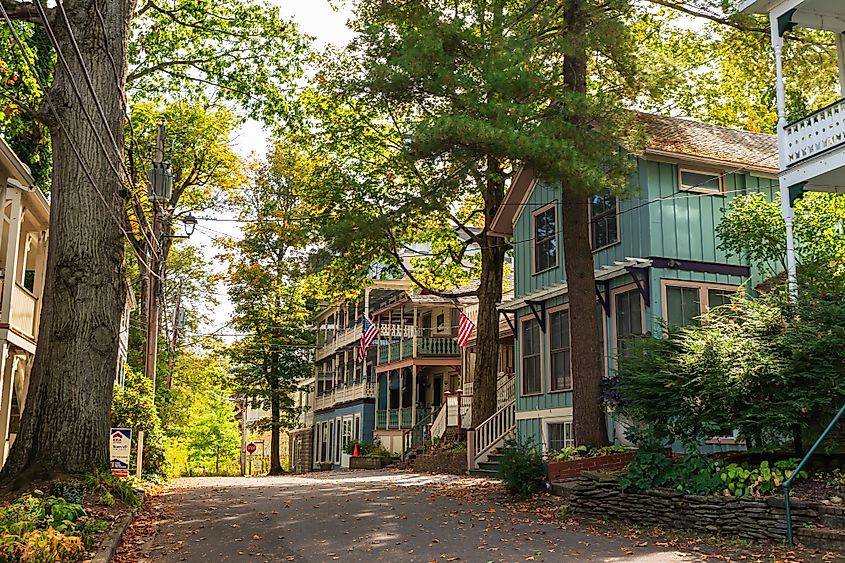 Houses in a residential neighborhood in the Chautauqua Institution on a sunny fall day. Editorial credit: woodsnorthphoto / Shutterstock.com