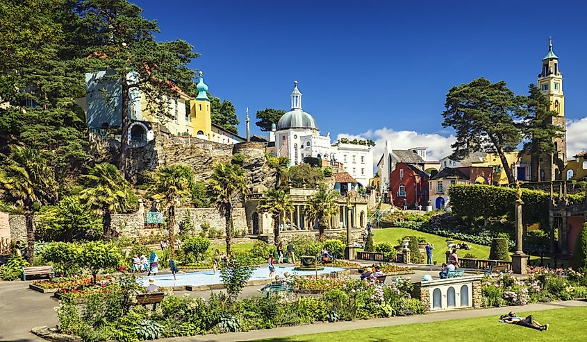 Tourists at Central Piaza of Portmeirion Village in North Wales, UK