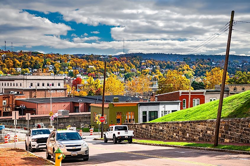 A scenic view from a hill overlooking the historic town of Cumberland, Maryland