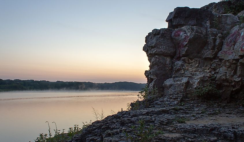 Iowa River at dawn in Coralville. Image credit Dan Reck via Shutterstock.