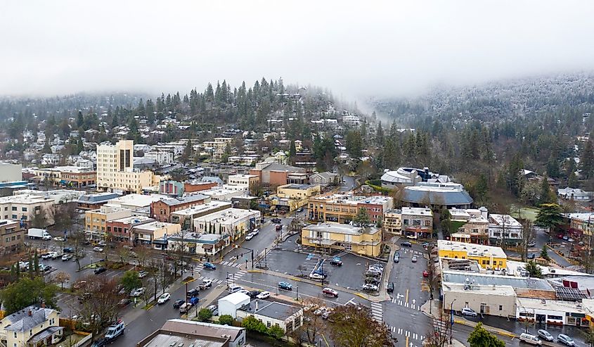 Aerial view of Ashland Oregon in the winter