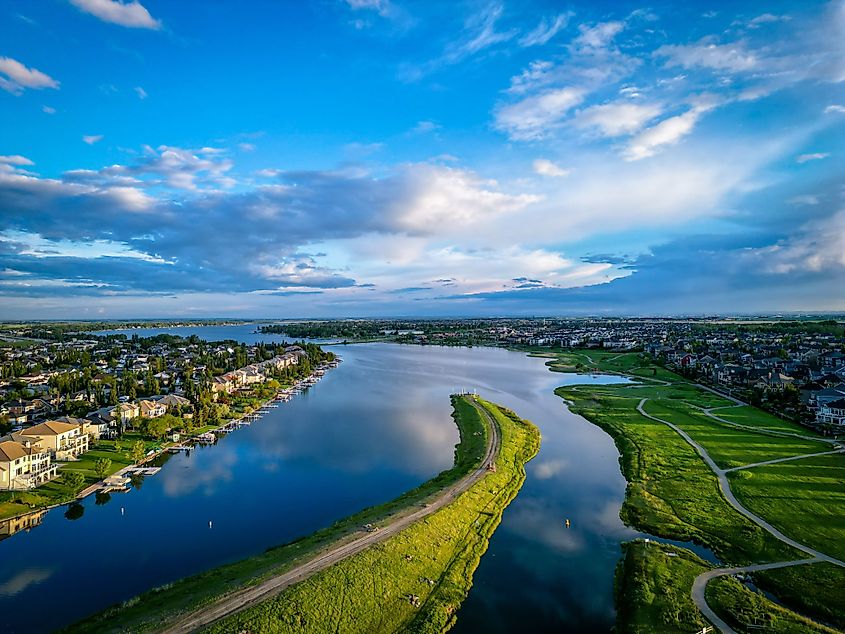 Aerial view of Chestermere Lake in Alberta.