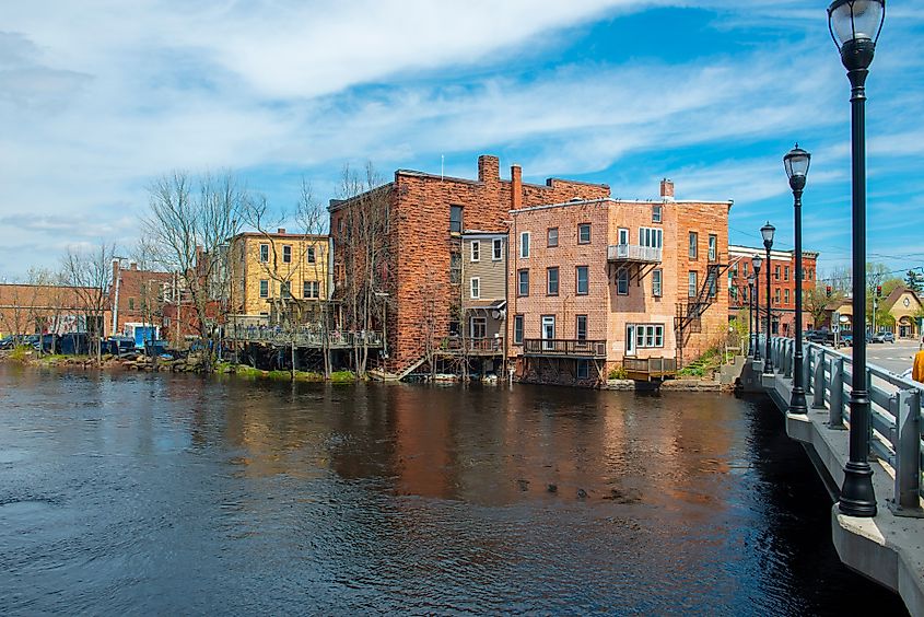 Historic buildings along the Racquet River in Potsdam, New York.