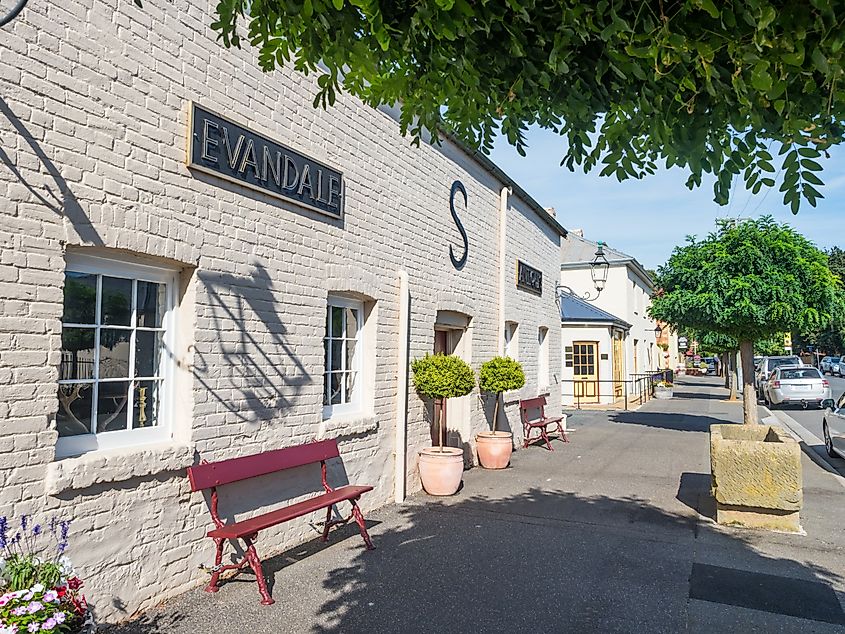 Old buildings in Russell Street, in the historic town of Evandale in Tasmania, Australia.