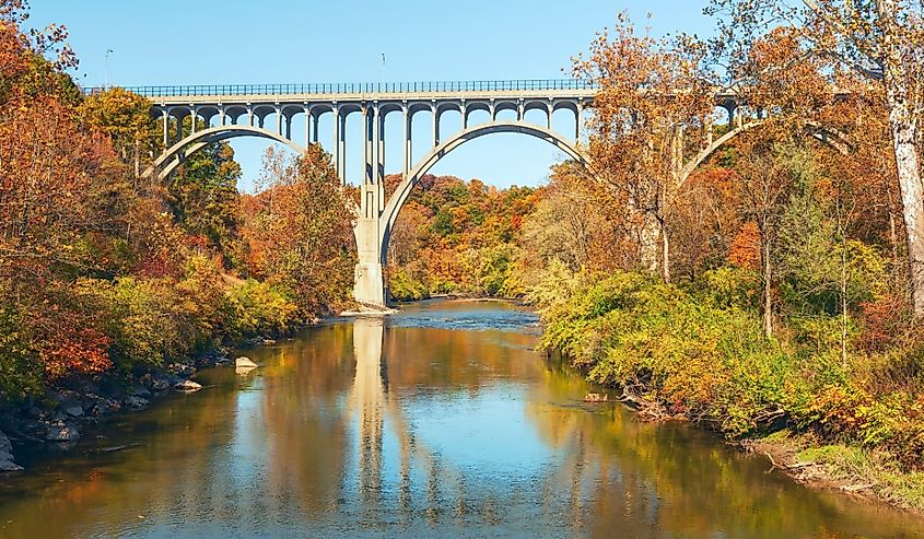 Brecksville-Northfield High Level Bridge in Cuyahoga Valley National Park in autumn in Ohio.