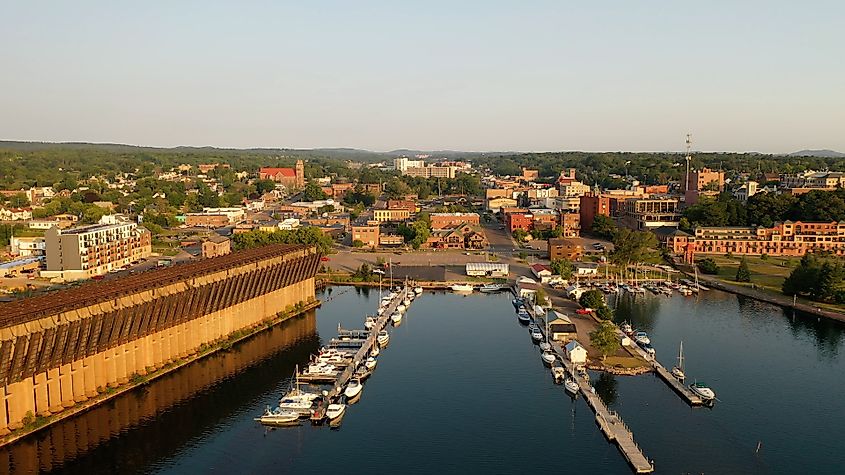 Aerial view of downtown Marquette, Michigan, showcasing a small American city.