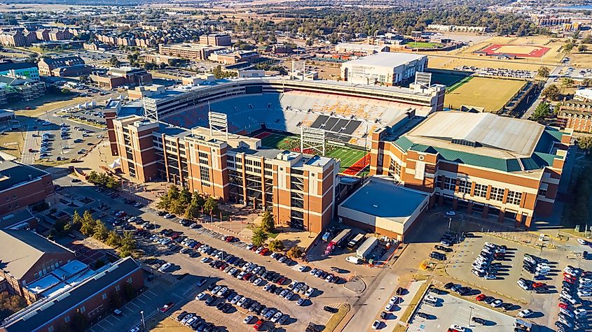 Aerial view of the Boone Pickens Stadium in Stillwater, Oklahoma.