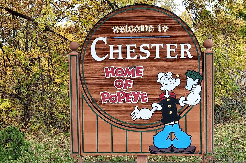 Sign entering the town of Chester, Illinois