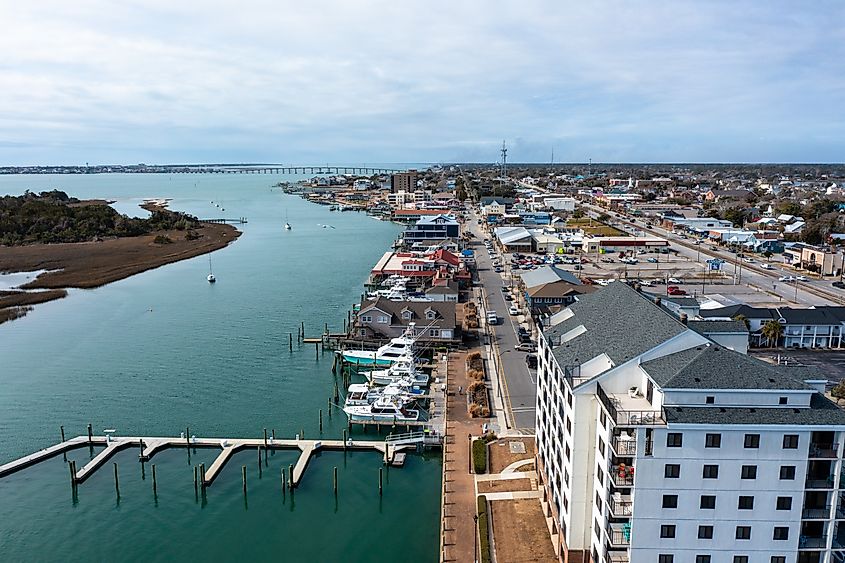 Aerial View of the Morehead City North Carolina waterfront looking south.