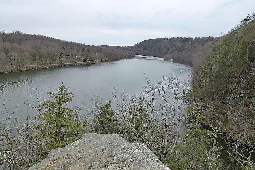 South view of the Housatonic River from the Lovers Leap rock promontory in Leap State Park.