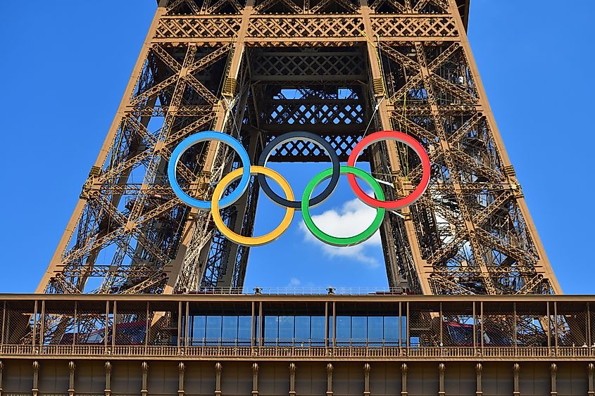 The Olympic rings installed on the Eiffel Tower for the Paris 2024 Olympics