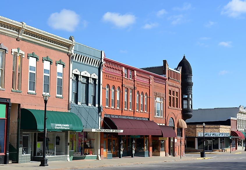 Businesses lined along a street in Harlan, Iowa. 