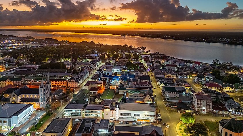 Paramaribo, Suriname at night from drone.