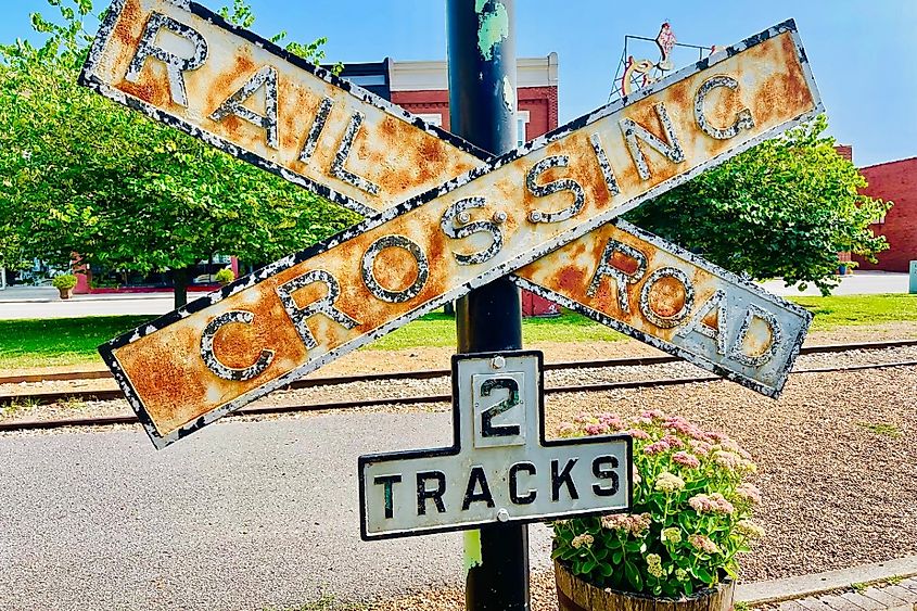 Rusty Railroad Crossing Sign in Cookeville, Tennessee.