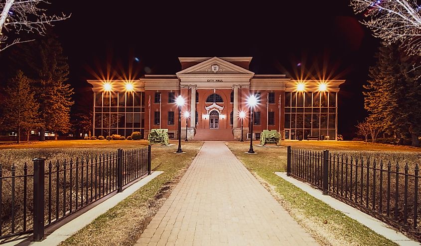 Wetaskiwin Historic City Hall, Alberta, at night.