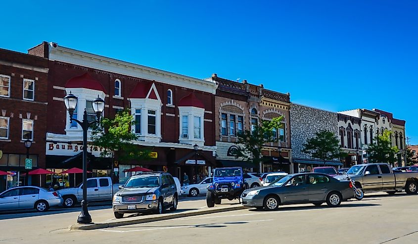 Downtown street in Monroe, Wisconsin