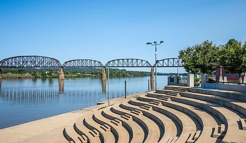 Point Pleasant, West Virginia Riverfront Amphitheater with the Point Pleasant-Kanauga Railroad Bridge over the Ohio River.