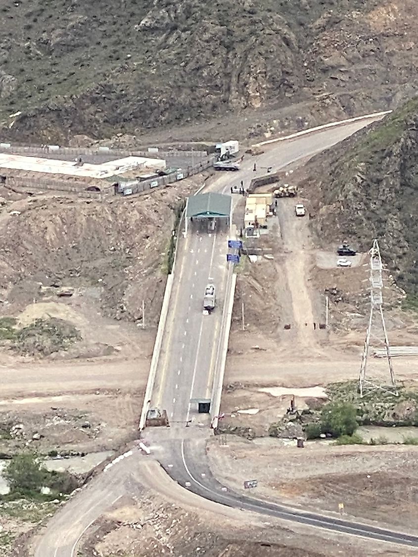 Azerbaijani checkpoint at the Lachin Corridor viewed from the village of Kornidzor, Armenia.