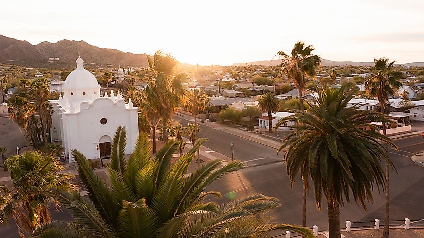 An aerial view of the historic downtown area of Ajo, Arizona.